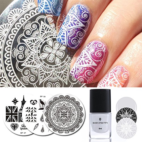 Born Pretty 3Pcs Stamping Plate 6ml White Stamping Polish London Tribal Bird Round Nail Template