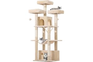 MSmask Albero tiragraffi grande con 3 morbide piattaforme di osservazione, 2 grotte, amaca, bacchette con pompon rimovibili, casetta giocattolo per gatti (beige)