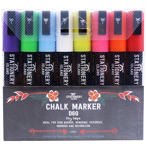 Stationery Island Kreidemarker Keilspitze 6 mm – 8 Stück Farbig Sortiert – Schwarzer Stiftschaft – Trocken Abwischbar - 2