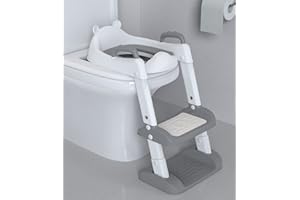 XESPIS Adaptador Reductor de WC para Niños con Escalera, PU Cojín Acolchado, Ajustable y Plegable, Adaptadro para Baño Antideslizante para el Vater para Niños (Gris, Blanco)