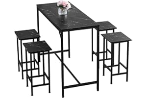 NICEME Bar Table Set of 4 - 90cm Tall Dining Table With 4 Barstools, 5pcs Home Kitchen Breakfast Set, Pub Furniture, Black Marble Texture, Made of MDF