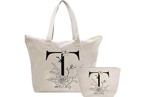 TOOZEN Personalizadas Bolso Tote de Mujer con Inicial, Bolsa de lona con Bolsillo Interior, Bolsa de Compras con Bolso de Cosméticos, Regalos para Damas Mejor Amigas Mamá, Regalo Cumpleaños Navidad T