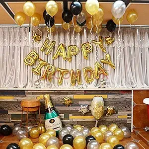 Rozi Decoration Happy Birthday Letter Balloon & Latex Metallic Balloons Kit ( Bottle Glass Not Included) Black White Gold- Pack of 43 Piece Combo