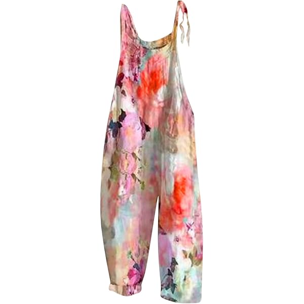 Salopette Femme Été En Lin - Style Boho Sans Manches - Imprimé Floral Large Jambe - Confy Pour Plage Et Vacances