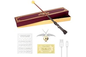 SGZIOO Zauberstab, 35cm Zauberstab mit Licht, USB Aufladung Elderstab, Magic Wand in Geschenkbox mit Zauberspruch Karte, Fahrkarte und Halsketten, für Halloween, Cosplay, Karneval (C)