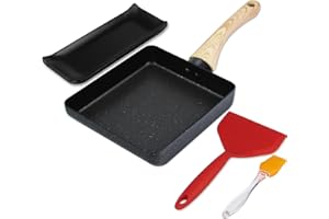 Artcome Poêle à omelette japonaise avec revêtement anti-adhésif Tamagoyaki avec assiette Tamagoyaki, spatule et brosse en silicone, 17,8 x 15,2 cm (noir)