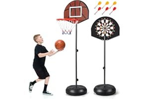 ‎COSTWAY COSTWAY Kinder Basketballkorb mit Dartscheibe, 2 in 1 Basketballständer mit doppelseitigem Rückbrett & 6 Darts, 96-146 cm höhenverstellbar, Basketballkorb mit Ständer für Kinder ab 8 Jahren