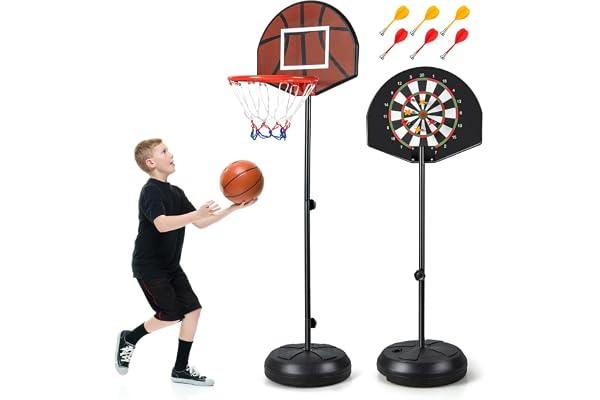COSTWAY Barnbasketkorg med darttavla, 2-i-1-basketstativ med dubbelsidig bakbräda och 6 pilar, höjdjusterbar 96–146 cm, basketkorg med stativ för barn från 8 år
