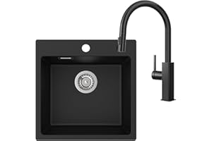 CECIPA Granitspüle Schwarz 45x45 cm mit Küchenarmatur Ausziehbar Edelstahl, Küchenspüle Set mit 2 Hahnlöchern, Spülbecken Küche Eckig, Waschbecken mit Spültischarmatur Schwarz 360° Drehung