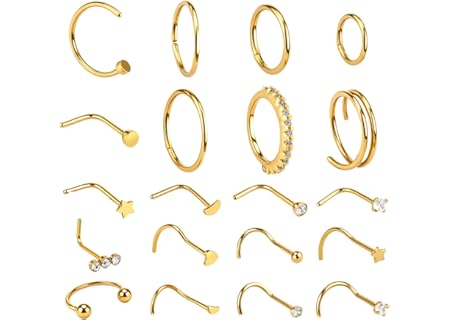 Tucnoeu 20 st näspiercing guld – rostfritt stål näsring guld tunn | Nostril piercing smycken för kvi - Amazon Deal & Rabatt