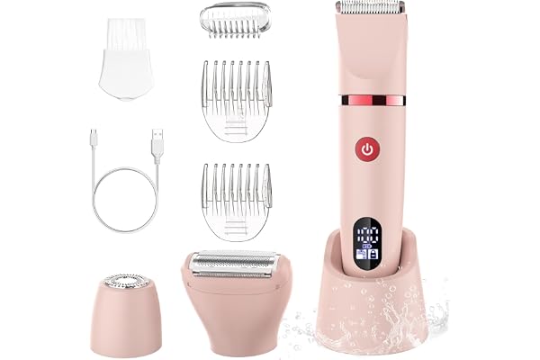 Scttomon Rasoir Electrique Feminin Tondeuse précise pour visage et zones sensibles, Tondeuse à poils corporels pour visage, jambes, aisselles et zone pubienne,étanche, Écran LCD, Rose, 3 in 1