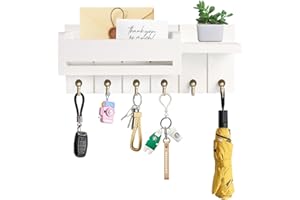 NOAYA Key Holder for Wall - Key Hooks Wall Mounted with Shelf, Wooden Key Rack Letter Holder with 6 Hooks,Key Hooks for Home Decor, Key Hanger with Coat Hooks, Box Key Holders for Entryway Hallway (White)