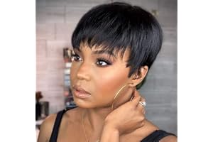 Becus Perruque Femme Naturelle Courts Cheveux Humains Noirs Pixie Cut Perruque Brésiliens Vrais Cheveux Courts Noirs Avec Frange pour Femmes Usage Quotidien
