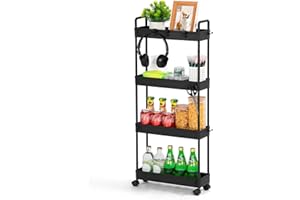 FoiiLiio Rollwagen Schmal,Küchenwagen mit 4 Ebenen,Nischenregal auf Rollen,Küchenregal,Nischenregal,Küchenwagen schmal,für kleine Räume,Küche,Bad,38.8 x 12.5 x 90.7 cm,Schwarz