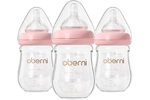 Oberni Anti-Colic Glass Baby Bottles with Slow Flow Breast-Like Silicone Teat, 150ml, 0+ Months, Wide-Neck, Pink/3Pack