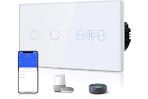 BSEED WIFI Touch Switch 2 Gang 1 voie avec 1 Gang Minuterie de Volet Roulant Interrupteur Factice WIFI Fonction de Programmation, Compatible avec Alexa/Google, Blanc