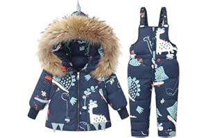Acuryx Tuta da Sci Stampata 2 Pezzi da Unisex Bambino Piumino con Cappuccio Pellicia Removibili + Salopette da Neve Invernale Antovento Impermeabile