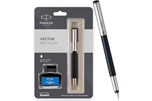 Parker Vector Metallix Fountain Pen | Fine Nib | Black Body Color With Quink Ink Bottle | Special Gift For Employees | Perfec