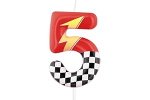 mciskin Red Racing - 5 candele di compleanno, decorazioni per 5° compleanno per ragazzo e ragazza, candela rossa numero 5 per torta, decorazioni per torte a tema auto da corsa a tema auto da corsa
