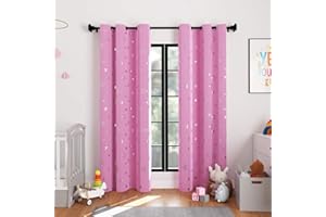 ENCASA XO Encasa Tende a Blackout Stampate 113x213 cm, 2 Pezzi | Silver Foil Star Pink Design I Room Darkening - Blocca La Luce Dell'85% |Riduzione di Rumore e Calore in Camera da Letto Lavabile