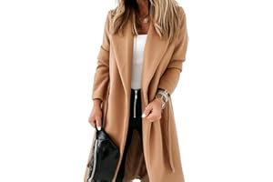 Cicy Bell Womens Classic Notched Lapel Collar Coat Open Front Belted Long Jacket