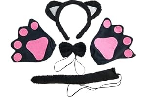 TSHAOUN Zestaw kostiumowy kot, sukienka zwierzęca, cosplay, kocie uszy kota, opaska na czoło, kocie, uszy, kołnierz, łapy, rękawiczki na Halloween, karnawał, imprezę