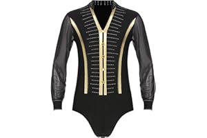 Nyeemya Herren Langarm Hemd Body Latein Tanzbody Glitzer Stringbody Einteiler Eiskunstlauf Bekleidung Dancewear