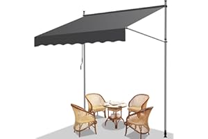 Fiqops Klemmmarkise Balkon 200x120cm Markise Einziehbar aus Polyester, Stahl Höhenverstellbar Markise mit Handkurbel, UV-beständig, Installation ohne Bohren für Balkon Garten Terrasse Grau