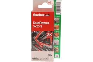 fischer - Duopower 5x25 Con Tornillo - 18U, Tacos para pared multimaterial, sirven para Colgar Bicicletas, Cuadros, Armarios, Soportes de Televisión, Estanterías, Muebles.