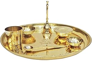IMTRA FASHION Indian Brass Pooja Thali Set 7 Pezzi Regalo Puja Thali 9,5 Pollici Tradizionale Occasionale Artigianale Thali Set per Pooja Arti