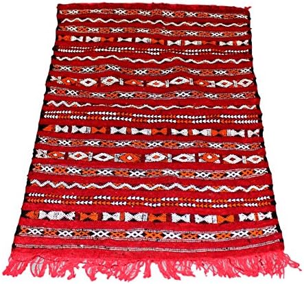 Original Authentic Moroccan Handmade Handwoven Kilim 100% Wool Rug - Red Black &amp; Orange - 1.15 x 0.75 meters