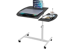 Rcynview Table d'appoint réglable en hauteur pour ordinateur portable, en bois, avec roulettes, pivotant à 360°, support pour ordinateur portable, butée antidérapante, découpe pour lit, canapé, noir