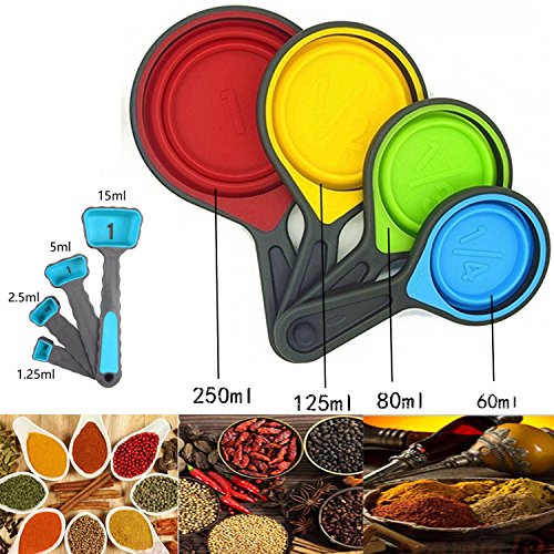 klappbar Backen Messbecher und Löffel Set – Bunt und flexible Backen Werkzeuge Ideal für Zuhause Backen, Kochen, Outdoor Picknick oder Camping, Set von 8