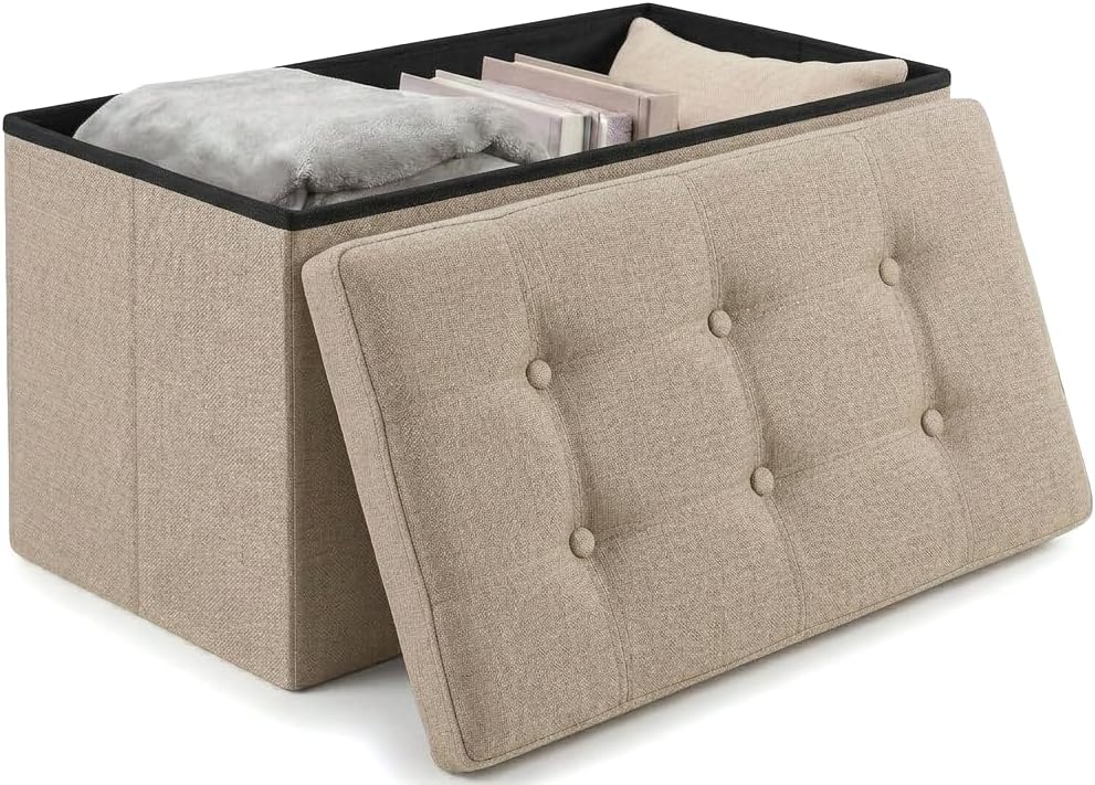 edihome, Puff Almacenaje Plegable, (38 x 76 x 38cm), Baul, Otomana con Tapa – Banco de Tela Organizador y Asiento para Dormitorio y Pie de Cama (Beige Tostado, 38 x 76 x 38 cm)