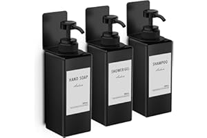 Anhow 3 szt Dozownik do Mydła na Ścianę, Dozowników Mydła 500ml Plastikowy Dozownik Szamponu żel pod Prysznic Dozownik Mydła do rąk i 6 Sztuk Wodoszczelnych Etykiet na Butelki - Czarny