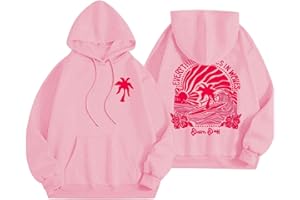 GENERIC HUIFUAO Pink Palm Puff Hoodies for Women UK Oversized Womens Sweatshirt Everything Comes In Waves Letter Print Pullover Hoodie for Teen Girls
