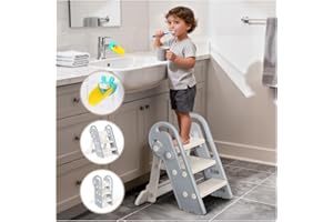 ‎ONASTI Onasti Tritthocker Kinder, Höhenverstellbar 3 Stufen Hocker Kinder, Trittschemel für Baby mit Handhaben, Klappbar, Anti-Kipp und Anti-Rutsch, für Küche, Badezimmer, Waschbecken und Toilette (Grau)