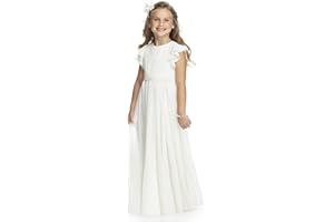 Aibaowedding Boho Lange Kinder Chiffon Kleid mit Binde Gürtel und Kurzen Butterfly-Ärmeln/Vintage Chic A-Linie Kommunionkleider Brautjungfern Kleider Blumenmädchenkleider für Mädchen