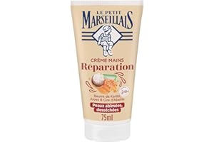 Le Petit Marseillais , Crème Mains Réparation Peaux Abîmées et Desséchées (tube de 75 ml) – Crème réparatrice au beurre de karité, aloès et cire d'abeille – Soin des mains confort 24 h