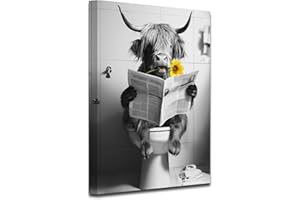 CXHOSTENT Lustige Kuh Badezimmer Dekoration Kuh mit Sonnenblume Zeitung lesend auf der Toilette Kunstdruck auf Leinwand Schwarz Weiß Tierbilder (A, 30.00 x 45.00 cms)