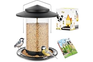 iBorn Mangiatoie per uccelli in metallo da appendere all'aperto, mangiatoie per uccelli selvatici per cardinali, 18 cm, grande tetto e vassoio nero, 6 porte (semi non inclusi)