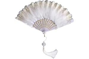 ALMLWIAJ Vintage Lace Tassel Hand Fan, Feather Folding Fan, Black/White for fancy dress parties and proms! (White-plume)