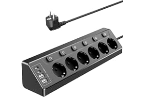 Vipwell Ecksteckdosenleiste Mit 4 USB (2 USB C)+6 Fach, Steckdosenleiste Einzeln Schaltbar, Steckdose Mit Kindersicherung, 3680W, 2M Verlängerungskabel für Küche, Büro, Haushalt (Schwarz)