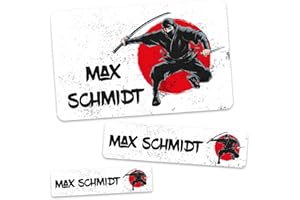 GRAVURZEILE Lot de 100 étiquettes d'école – Ninja – Personnalisables avec nom – 3 tailles pour écrire des fournitures scolaires, cahiers, livres, cadeau de rentrée scolaire
