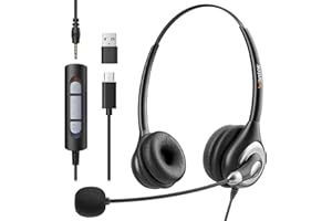Wantek USB Headset with Microphone for PC Wired Headphones - USB C 3.5mm Headsets with Noise Cancelling Microphone for Laptop - Type-C Computer Headphones with Inline Volume Control & Mute