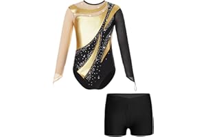 Runhomal Enfant Justaucorps Gymnastique Fille Manches Longues avec Short Métallique Brillant Tenue Patinage Artistique Leotard Danse Ballet Bodysuit 5-14 Ans