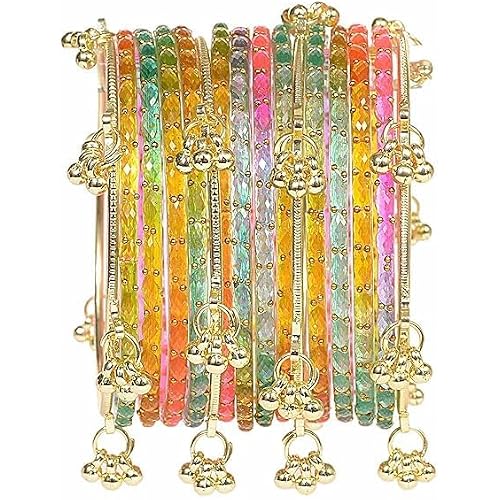 BANGLESKART Kashmiri Ghangharoo Glass Bangle Set for Women| Light Weight Bangles | Traditional Transparent Fancy Glass Chudi Set for Wedding, Party(Set Of 18)