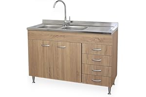 Yellowshop - Mobile cucina sottolavello a 2 ante e cassettiera cm 120 effetto legno Rovere Well componibile con lavello inox e scolapiatti Basic (Sottolavello con lavello piano DX)