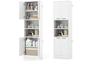 GIANTEX Armario Alto de Baño, 56 x 30 x 190 cm, Mueble de Almacenamiento con 4 Puertas y 2 Compartimentos Abiertos, con Kit Antivuelco, Organizador con 6 Estantes para Baño, Cocina (Blanco)