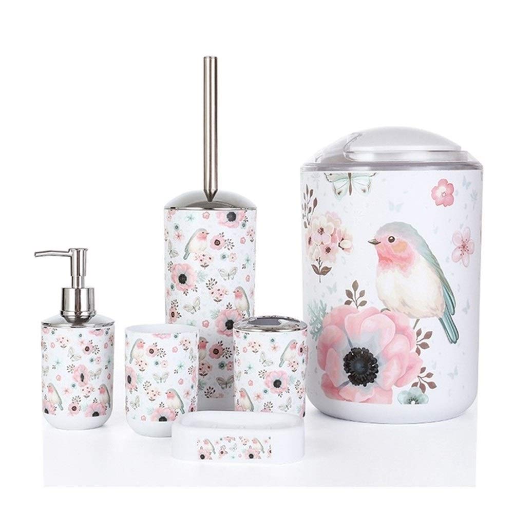 KERVINFENDRIYUN-YY4-6pcs-Set-Impression-Salle-de-Bains-Accessory-Set-Lotion-Distributeur-Brosse--Dents-Porte-Verre-Coupe-du-Savon-Brosse-WC-Poubelle